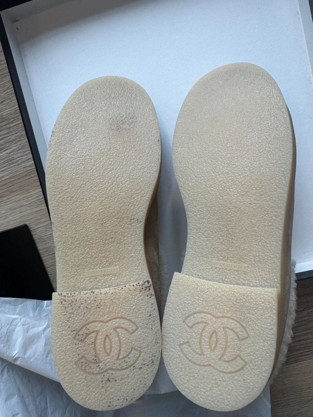 CHANEL Beige Suede Shearling Cuff Ankle Booties with Black Cap Toe - Picture 5 of 6